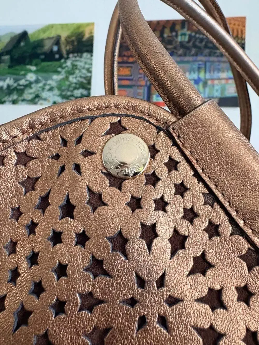 Jimmy Choo Metallic Bronze Star Perforated Leather Tote Shoulder Bag